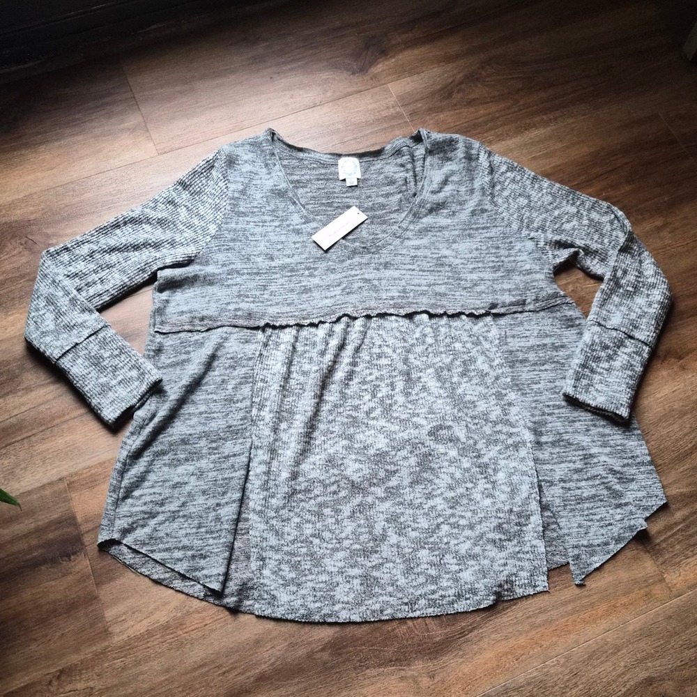 NWT Francesca's Blue Rain Heather Grey Babydoll Tunic Large Raw Hem Loungewear